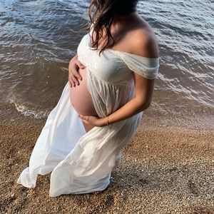 Split-front white maternity photo dress